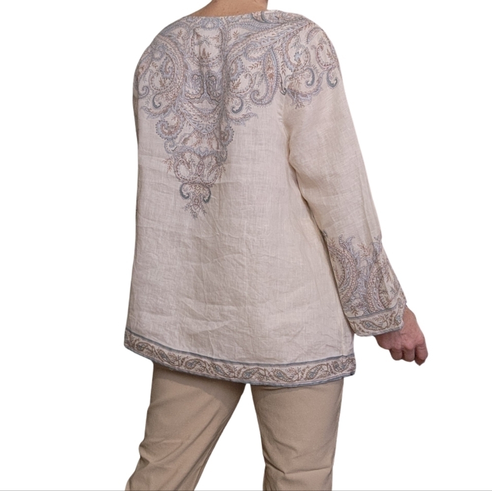 Shirt pullover 100% Linen Paisley BOHO Cream color and blues Size S-M J.JILL - Picture 4 of 14
